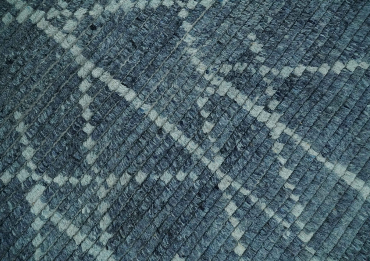 Hand Knotted Blue and Silver Trellis Moroccan Blended Wool Rug