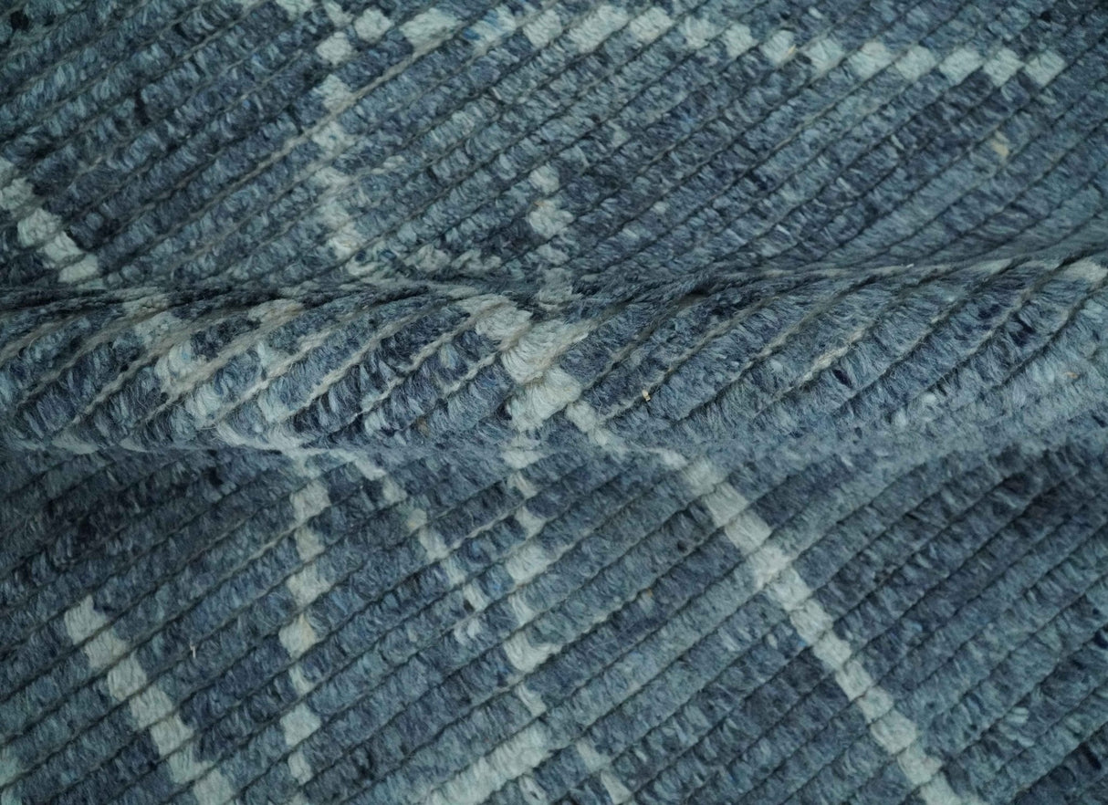 Hand Knotted Blue and Silver Trellis Moroccan Blended Wool Rug