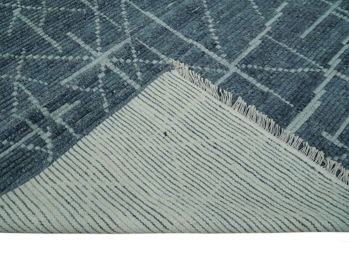 Hand Knotted Blue and Silver Trellis Moroccan Blended Wool Rug