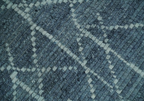 Hand Knotted Blue and Silver Trellis Moroccan Rug Made with Blended Wool Multi size Rug