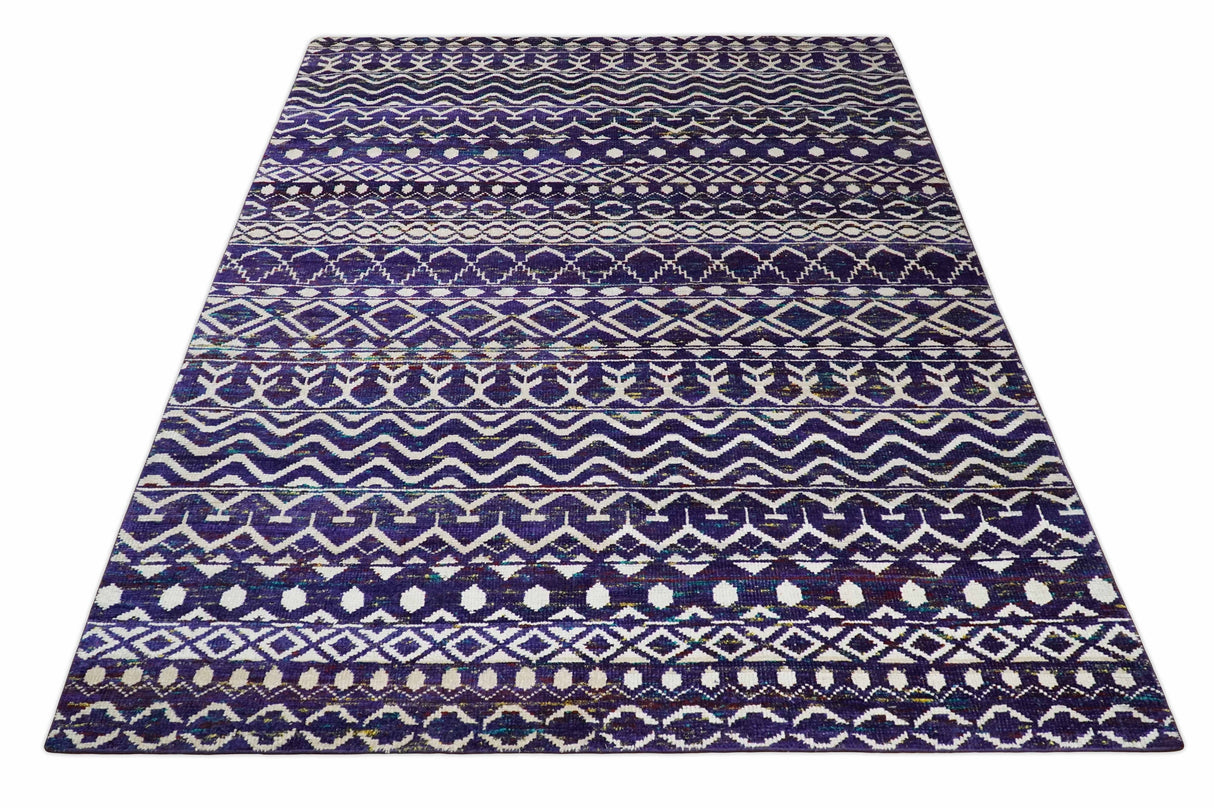 Hand Knotted Blue and White Modern Contemporary Southwestern Tribal Trellis Recycled Silk Area Rug | OP6