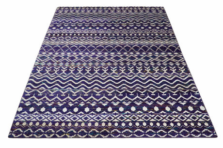 Hand Knotted Blue and White Modern Contemporary Southwestern Tribal Trellis Recycled Silk Area Rug | OP6