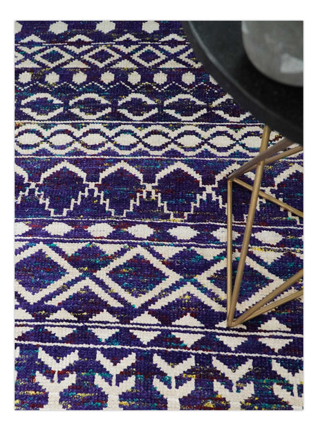 Hand Knotted Blue and White Modern Contemporary Southwestern Tribal Trellis Recycled Silk Area Rug | OP6