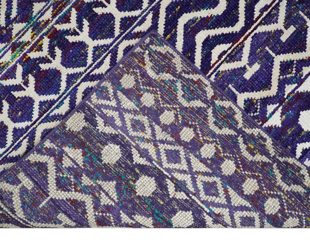 Hand Knotted Blue and White Modern Contemporary Southwestern Tribal Trellis Recycled Silk Area Rug | OP6