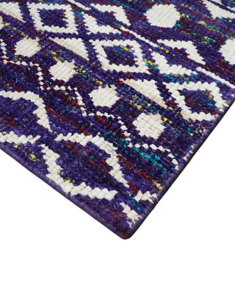 Hand Knotted Blue and White Modern Contemporary Southwestern Tribal Trellis Recycled Silk Area Rug | OP6