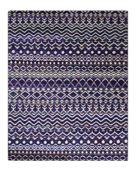 Hand Knotted Blue and White Modern Contemporary Southwestern Tribal Trellis Recycled Silk Area Rug | OP6
