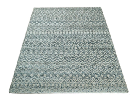 Hand Knotted Blue, Beige and Camel Modern Contemporary Southwestern Tribal Trellis Recycled Silk Area Rug