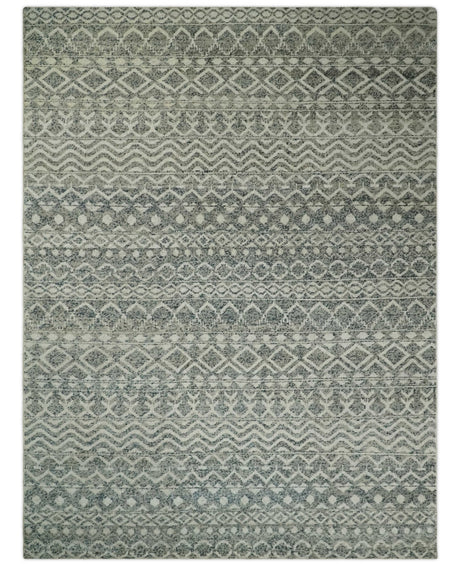 Hand Knotted Blue, Beige and Camel Modern Contemporary Southwestern Tribal Trellis Recycled Silk Area Rug