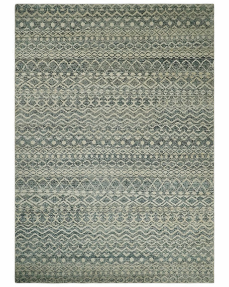 Hand Knotted Blue, Beige and Camel Modern Contemporary Southwestern Tribal Trellis Recycled Silk Area Rug