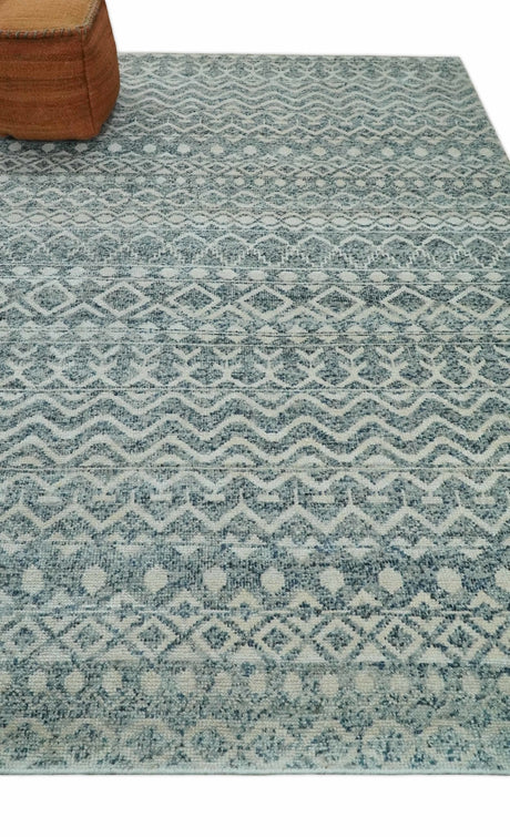 Hand Knotted Blue, Beige and Camel Modern Contemporary Southwestern Tribal Trellis Recycled Silk Area Rug
