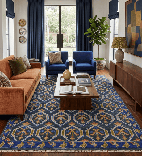 Hand Knotted Blue, Gold and Moss Green Vintage Style Custom Made wool Area Rug