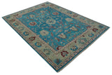 Hand Knotted Blue, Ivory and Maroon Oriental Oushak Multi Size Traditional Wool Area Rug