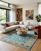 Hand Knotted Blue, Ivory and Maroon Oriental Oushak Multi Size Traditional Wool Area Rug