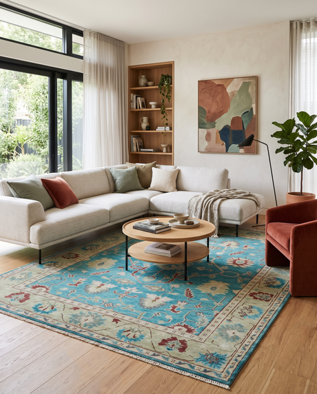 Hand Knotted Blue, Ivory and Maroon Oriental Oushak Multi Size Traditional Wool Area Rug
