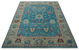 Hand Knotted Blue, Ivory and Maroon Oriental Oushak Multi Size Traditional Wool Area Rug