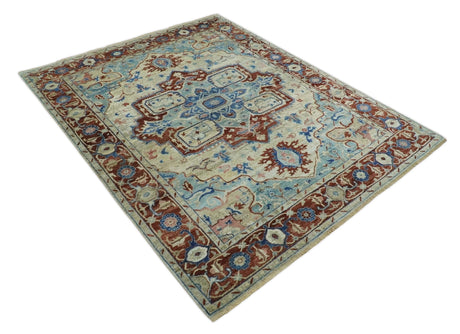 Hand Knotted Blue, Ivory and Rust Antique Persian Heriz Serapi Wool Rug