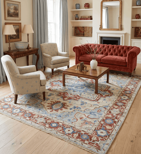 Hand Knotted Blue, Ivory and Rust Antique Persian Heriz Serapi Wool Rug