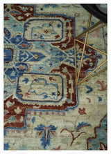 Hand Knotted Blue, Ivory and Rust Antique Persian Heriz Serapi Wool Rug