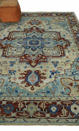 Hand Knotted Blue, Ivory and Rust Antique Persian Heriz Serapi Wool Rug