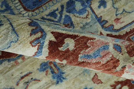 Hand Knotted Blue, Ivory and Rust Antique Persian Heriz Serapi Wool Rug