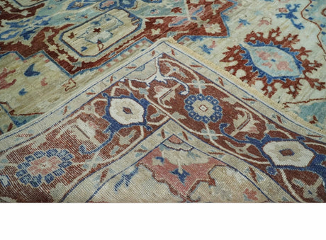 Hand Knotted Blue, Ivory and Rust Antique Persian Heriz Serapi Wool Rug