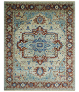 Hand Knotted Blue, Ivory and Rust Antique Persian Heriz Serapi Wool Rug