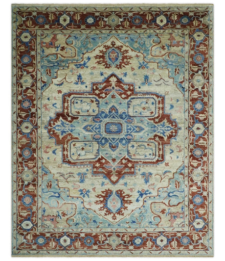 Hand Knotted Blue, Ivory and Rust Antique Persian Heriz Serapi Wool Rug