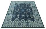 Hand Knotted Blue, Silver and Ivory Traditional Oushak Vintage Style Wool Rug