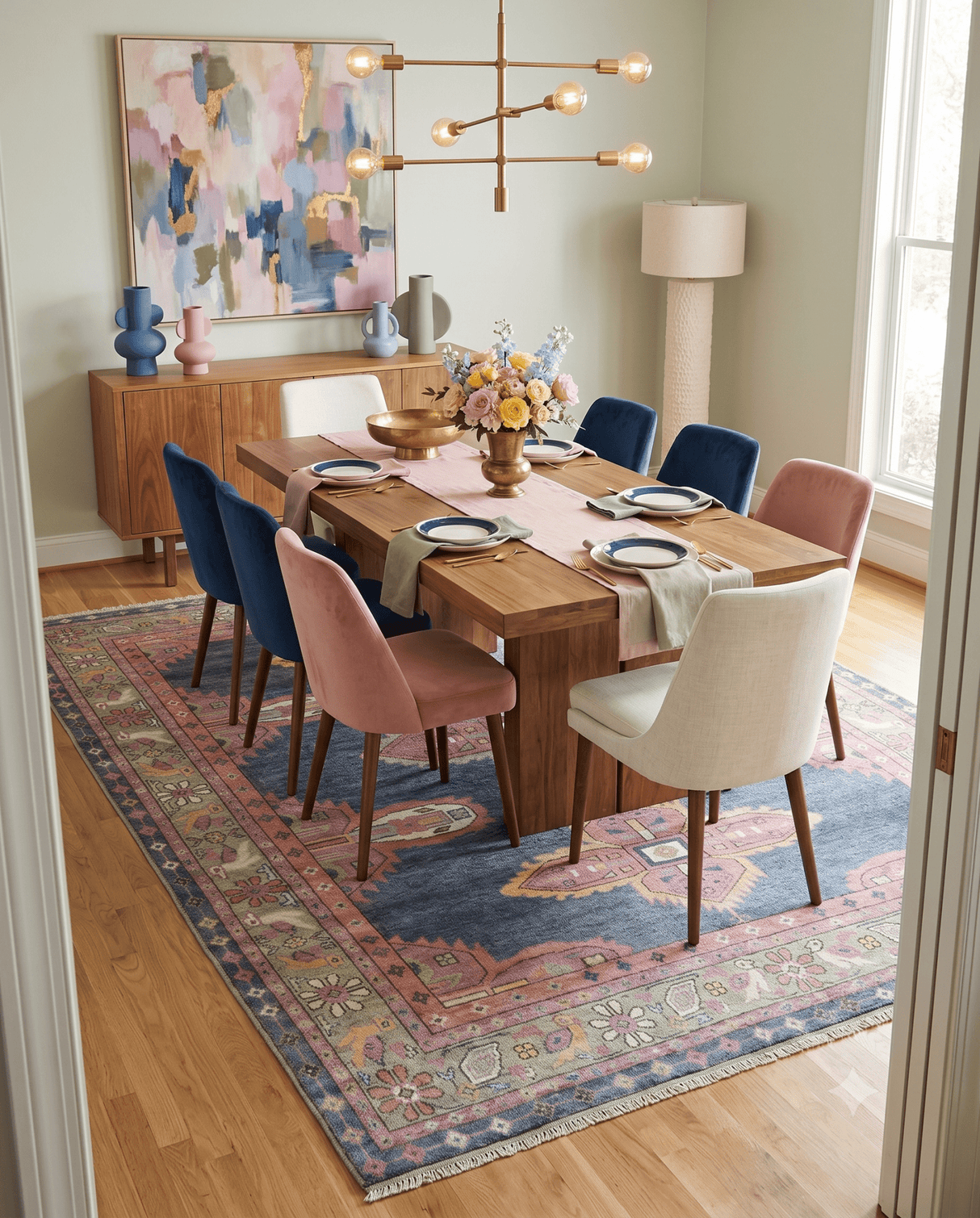 Hand Knotted Blue, Silver and Pink Traditional Heriz Serapi Wool Rug, Living Room and Bedroom Rug
