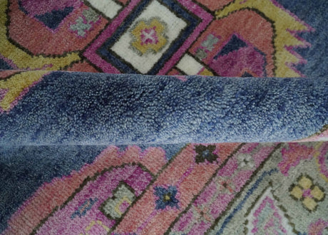 Hand Knotted Blue, Silver and Pink Traditional Heriz Serapi Wool Rug, Living Room and Bedroom Rug