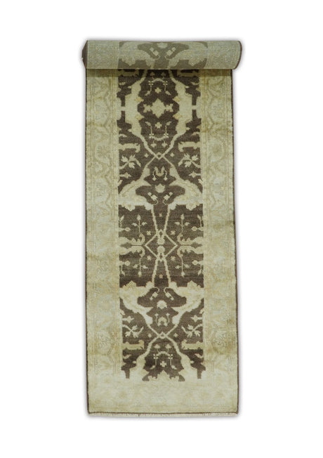 Hand Knotted Brown and Beige Antique Oushak Wool Runner Rug-Area Rug-Parc Decor