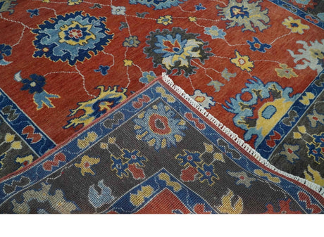 Hand Knotted Brown, Blue and Charcoal colorful Traditional Oushak Wool Area Rug