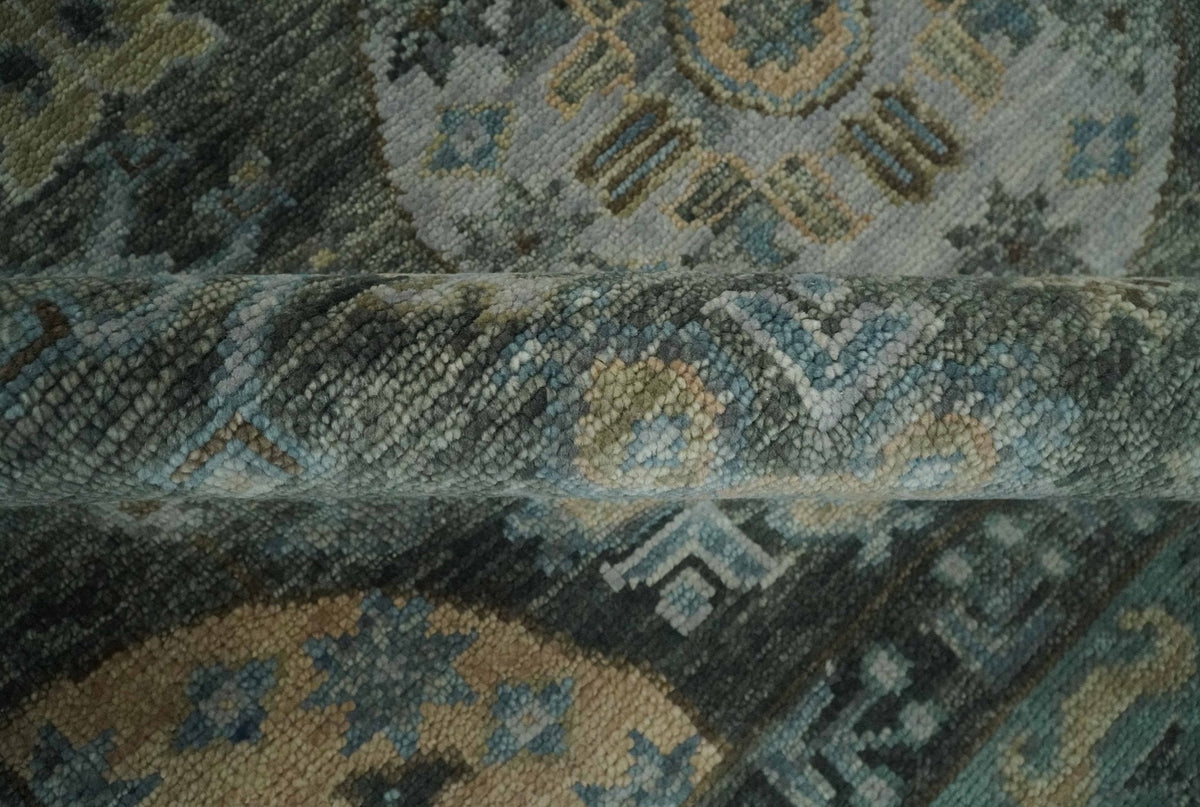 Hand Knotted Charcoal, and Aqua Oriental Khotan Multi Size Traditional Wool Area Rug