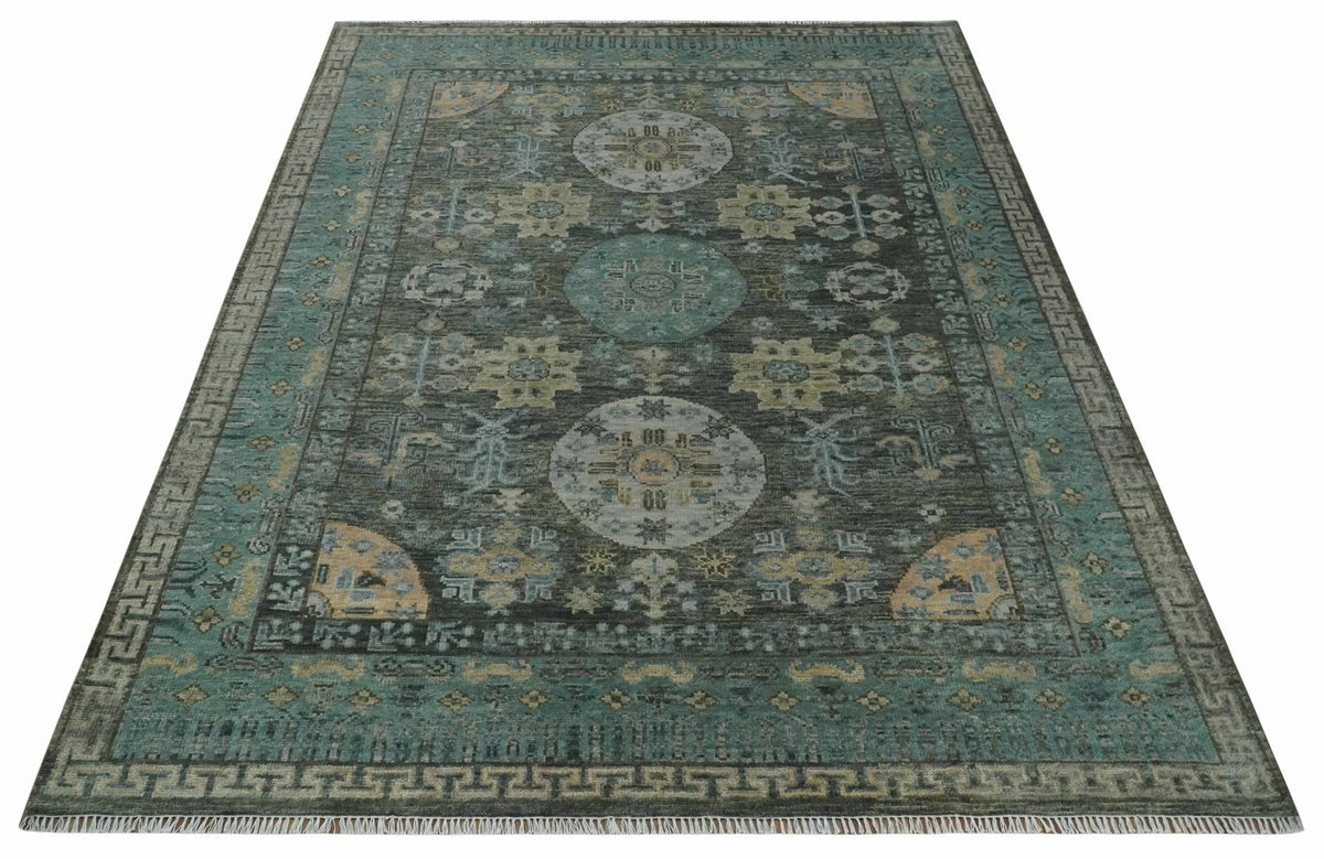 Hand Knotted Charcoal, and Aqua Oriental Khotan Multi Size Traditional Wool Area Rug