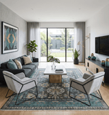 Hand Knotted Charcoal, and Aqua Oriental Khotan Multi Size Traditional Wool Area Rug