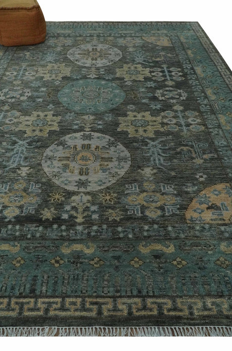 Hand Knotted Charcoal, and Aqua Oriental Khotan Multi Size Traditional Wool Area Rug