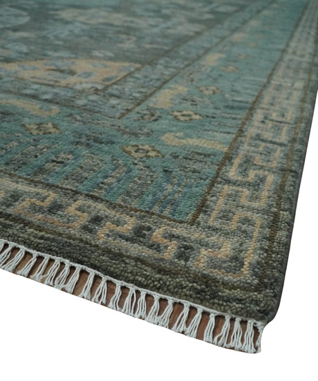 Hand Knotted Charcoal, and Aqua Oriental Khotan Multi Size Traditional Wool Area Rug