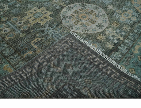 Hand Knotted Charcoal, and Aqua Oriental Khotan Multi Size Traditional Wool Area Rug