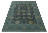 Hand Knotted Charcoal and Aqua Traditional Multi Size Oushak Wool Area Rug