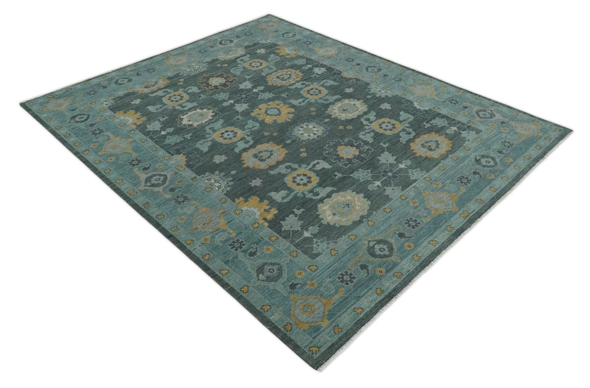 Hand Knotted Charcoal and Aqua Traditional Multi Size Oushak Wool Area Rug