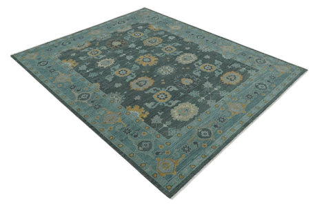 Hand Knotted Charcoal and Aqua Traditional Multi Size Oushak Wool Area Rug