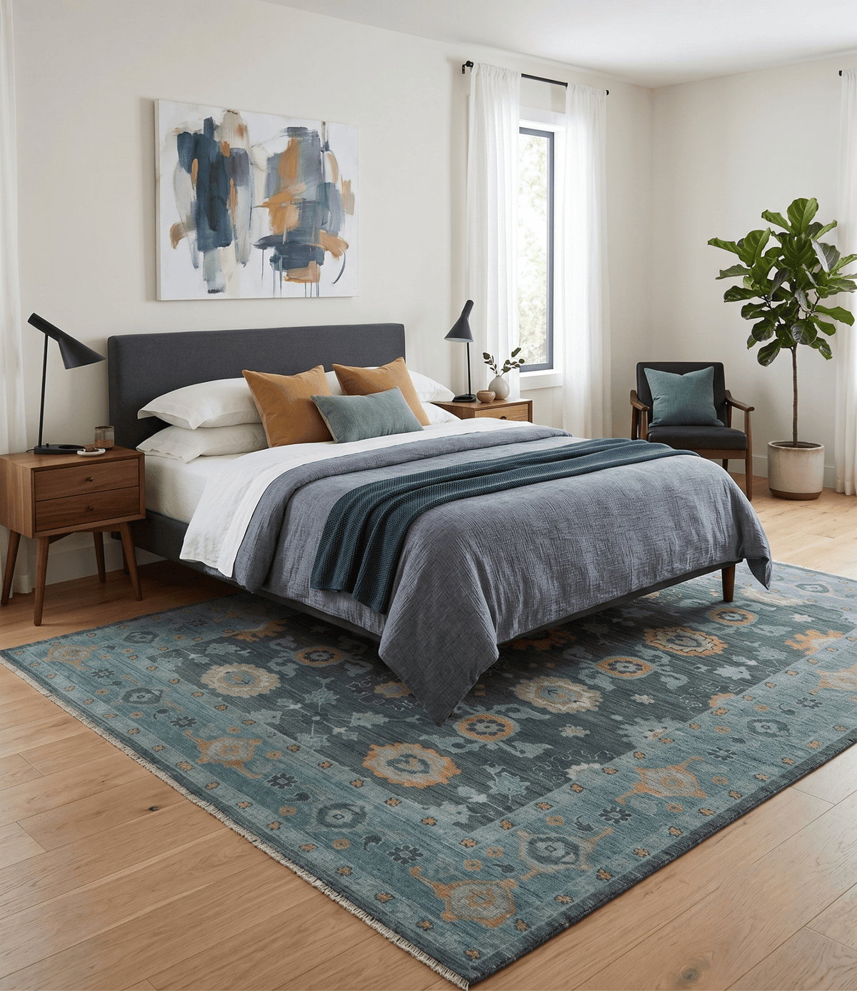 Hand Knotted Charcoal and Aqua Traditional Multi Size Oushak Wool Area Rug