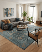 Hand Knotted Charcoal and Aqua Traditional Multi Size Oushak Wool Area Rug