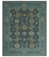 Hand Knotted Charcoal and Aqua Traditional Multi Size Oushak Wool Area Rug