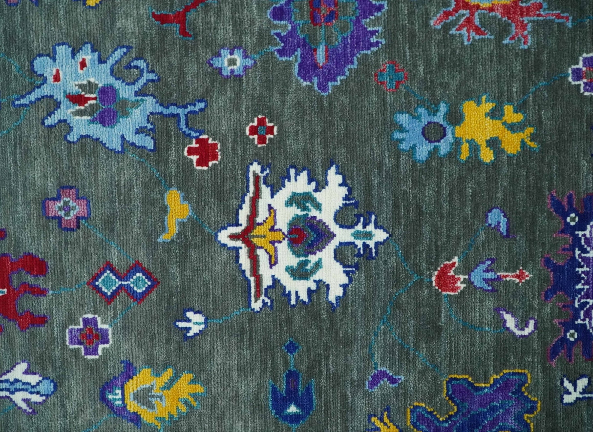 Hand Knotted Charcoal and Ivory Traditional Oushak Style Wool Rug