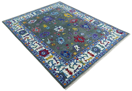 Hand Knotted Charcoal and Ivory Traditional Oushak Style Wool Rug