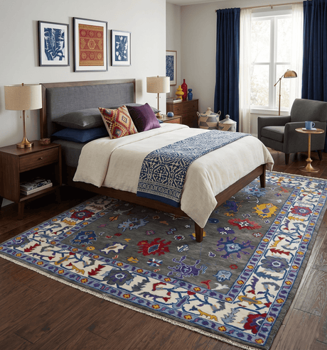 Hand Knotted Charcoal and Ivory Traditional Oushak Style Wool Rug