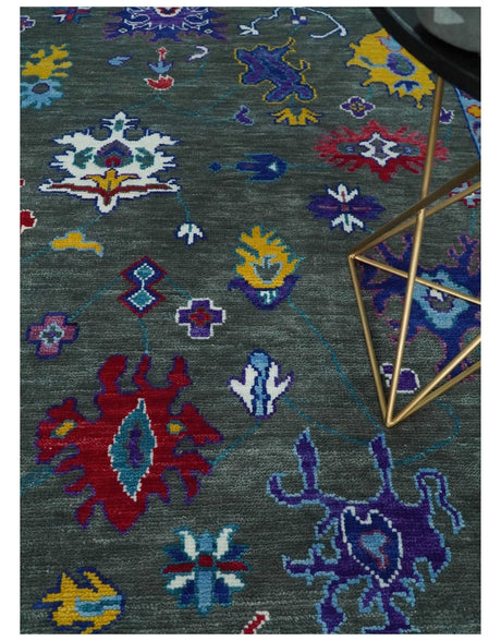 Hand Knotted Charcoal and Ivory Traditional Oushak Style Wool Rug
