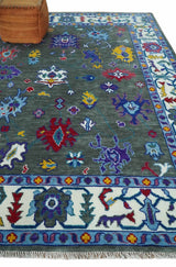 Hand Knotted Charcoal and Ivory Traditional Oushak Style Wool Rug