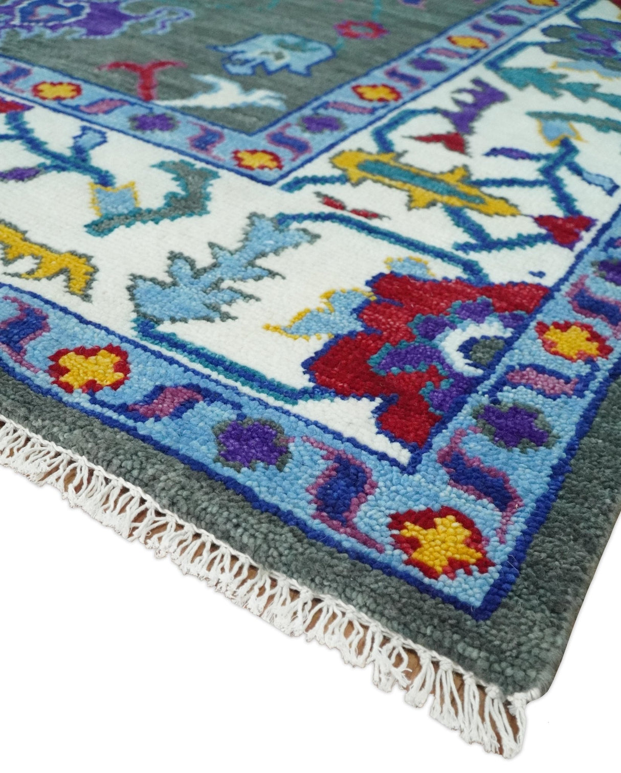 Hand Knotted Charcoal and Ivory Traditional Oushak Style Wool Rug